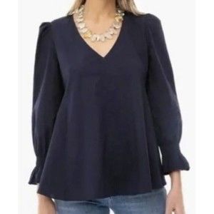 POMANDER PLACE TUCKERNUCK BLOUSE V-NECK POPLIN SWING RUFFLE NAVY BLUE L